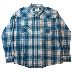 Ariat Retro Fit Mens XXL Pearl Snap Western Shirt Blue Plaid Quadman Long Sleeve